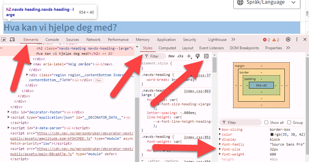 Skjermbilde som viser hvordan å få opp fontstørrelse i DevTools