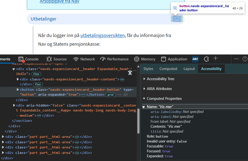 DevTools viser kildekoden og tilgjengelighetsinformasjon til et ekspanderende panel.