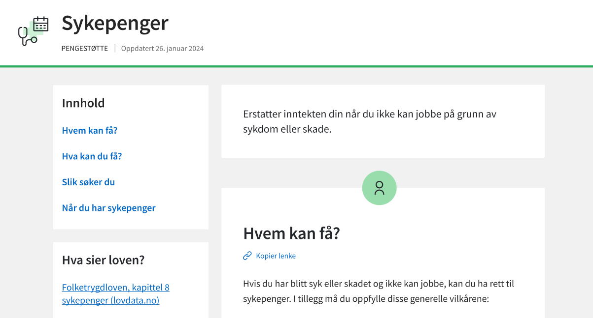Toppen av produktsiden for sykepenger med en kort ingresstekst.