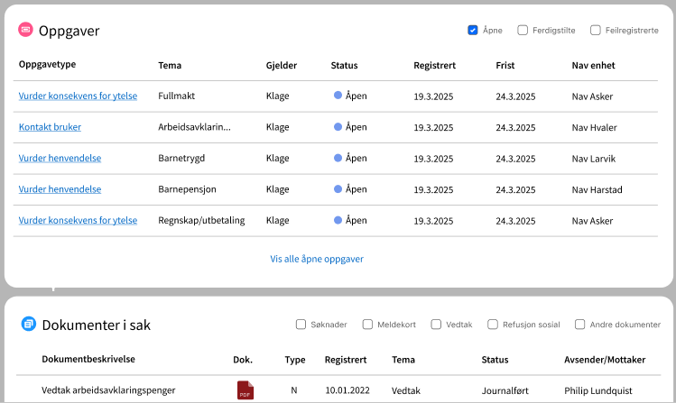 Skjermbilde som viser oppgaver og dokumenter