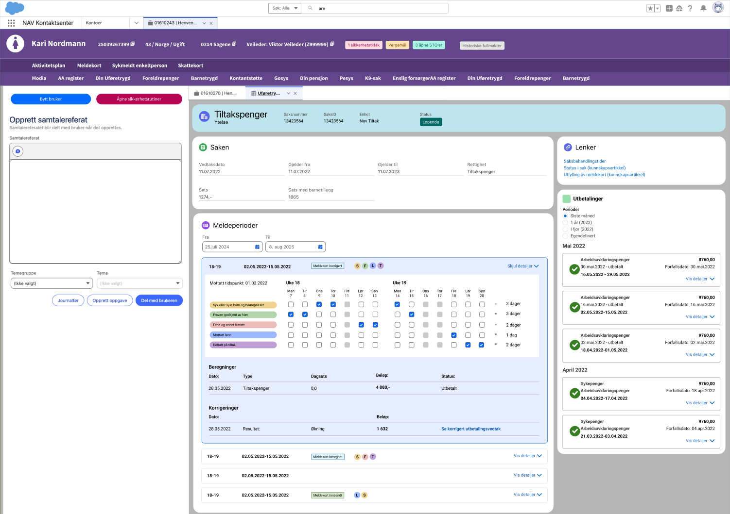 Skjermbilde av løsningen som viser informasjon om tiltakspenger