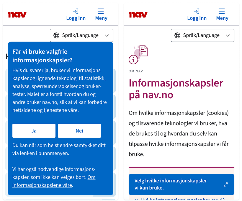 To skjermbilder for mobil. Ett hvor cookie-banneret dekker nesten hele skjermen, og ett hvor cookike-banneret er minimert og ligger nederst på skjermen.