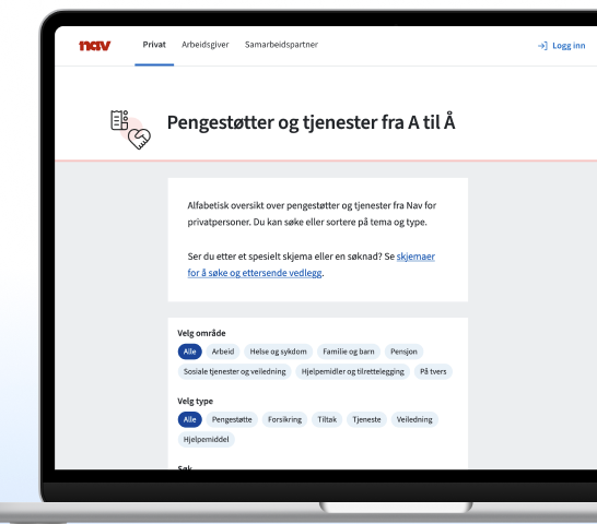 Tidligere desktopversjon av oversikten Pengestøtter og tjenester