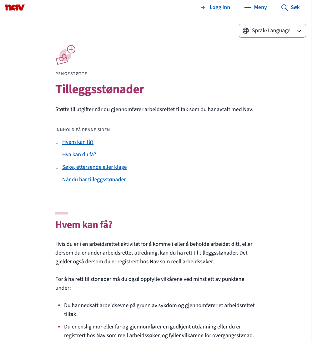Eksempel på produktside: tilleggsstønader