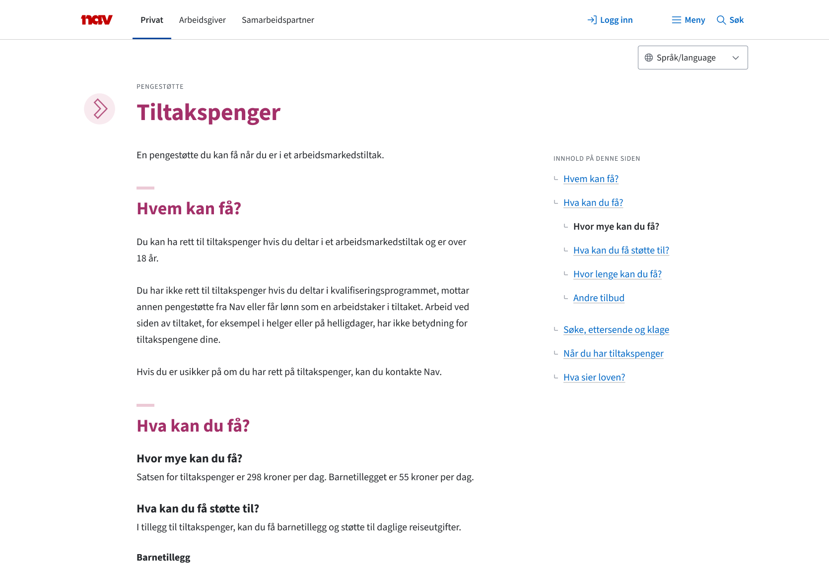 Skjermbilde av tiltakspenger i nytt design, på desktop, med innholdsmenyen plassert i en sidespalte.