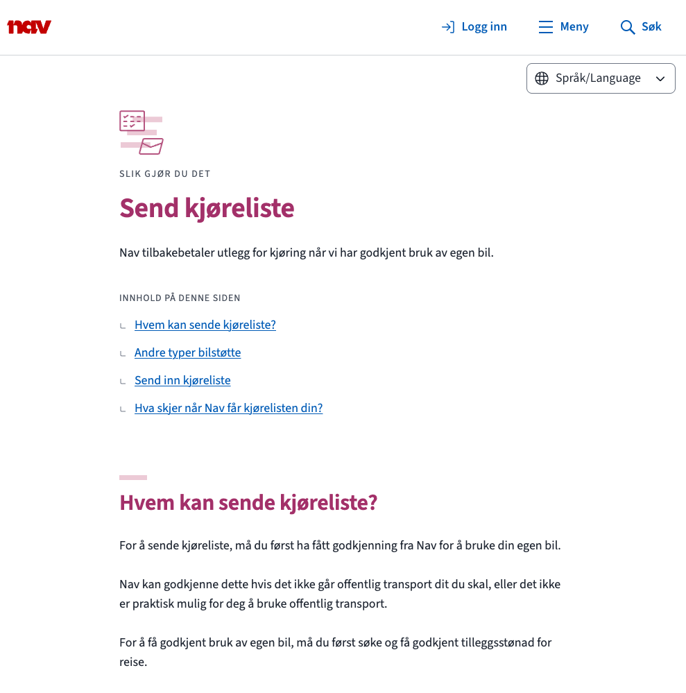 Eksempel på sidetypen Slik gjør du det: send kjøreliste