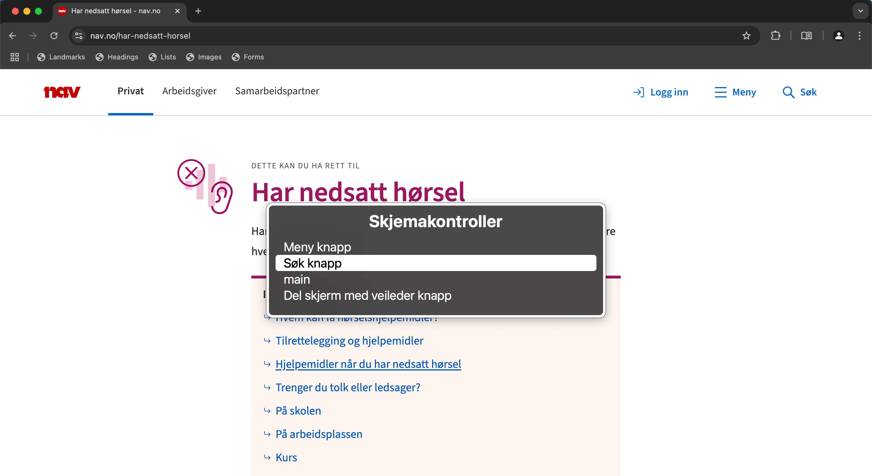 Side "Har nedsatt hørsel". Oppå siden vises VoiceOvers rotor med "skjemakontroller"