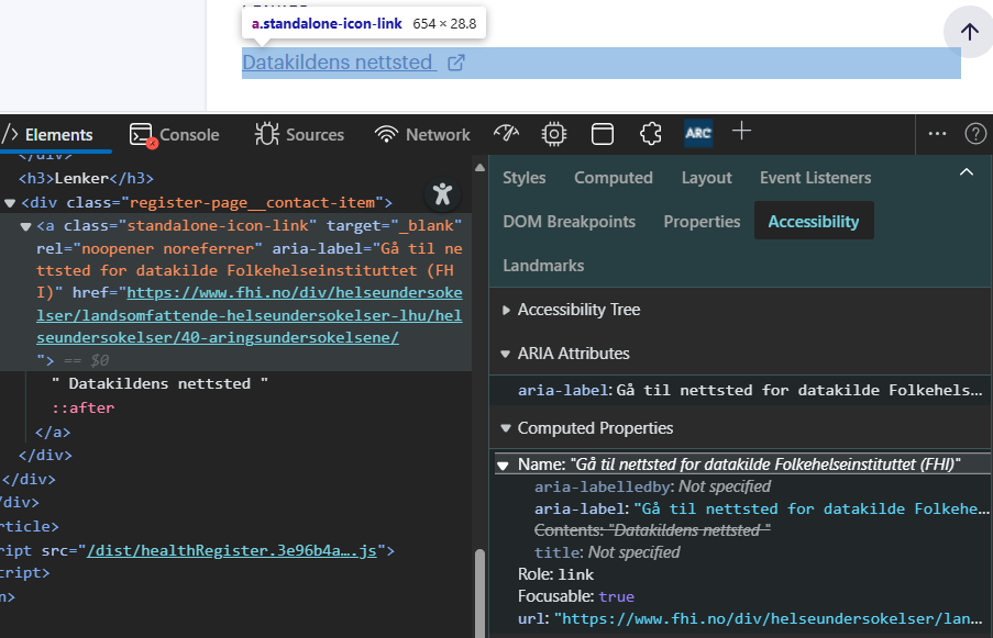 DevTools viser en lenke med aria-label-attributtet.