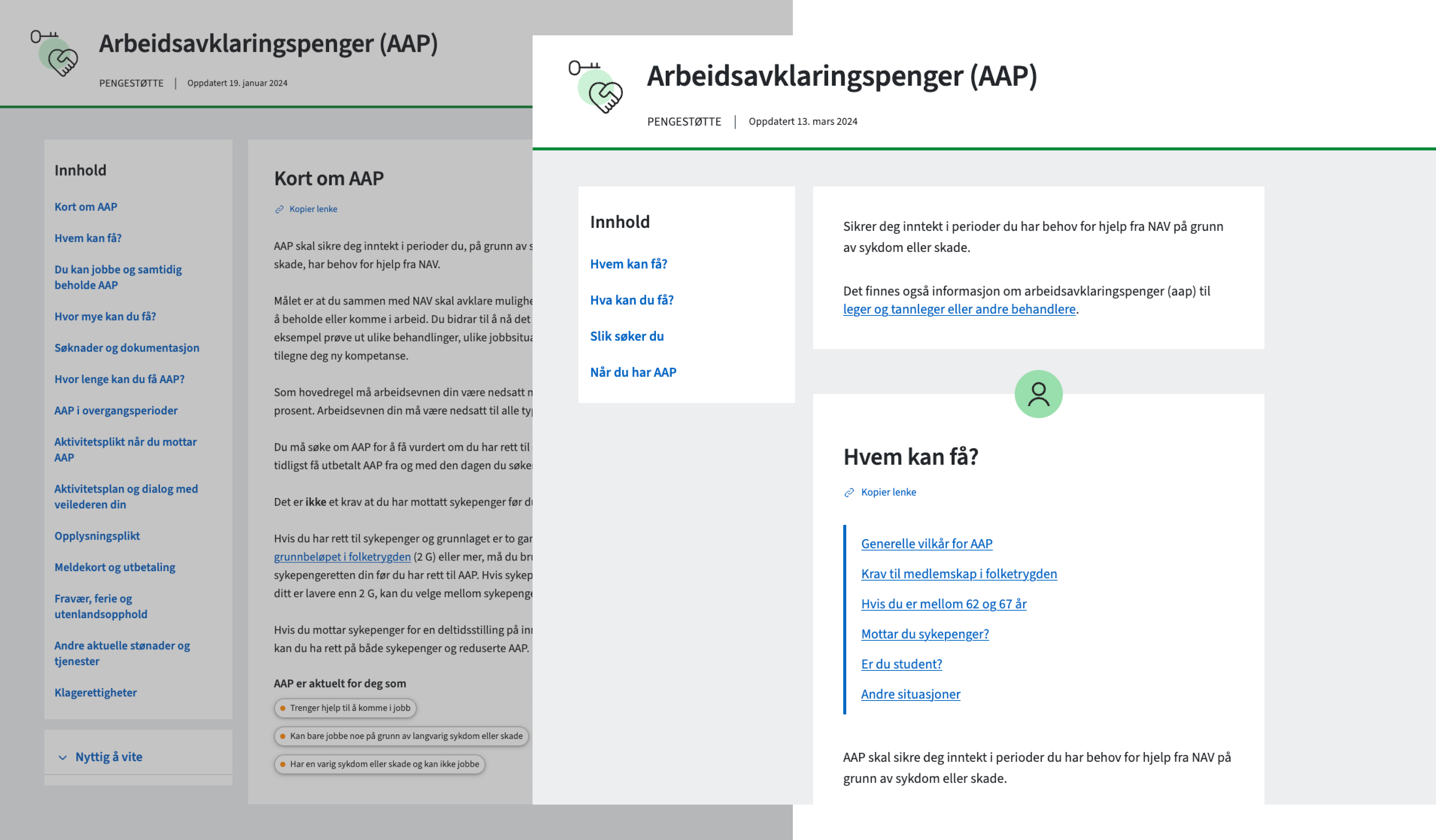 Produktsiden for AAP før og etter omlegging til ny og kortere innholdsmeny
