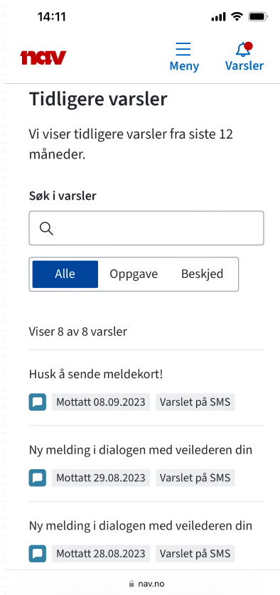 Tidligere varsler vises med et søkefelt og valg med Alle, Oppgave eller Beskjed. Nedenfor listes tekst og dato for varsler, sammen med en tag for at de er varslet på sms.. Det er ingen klikkbare lenker