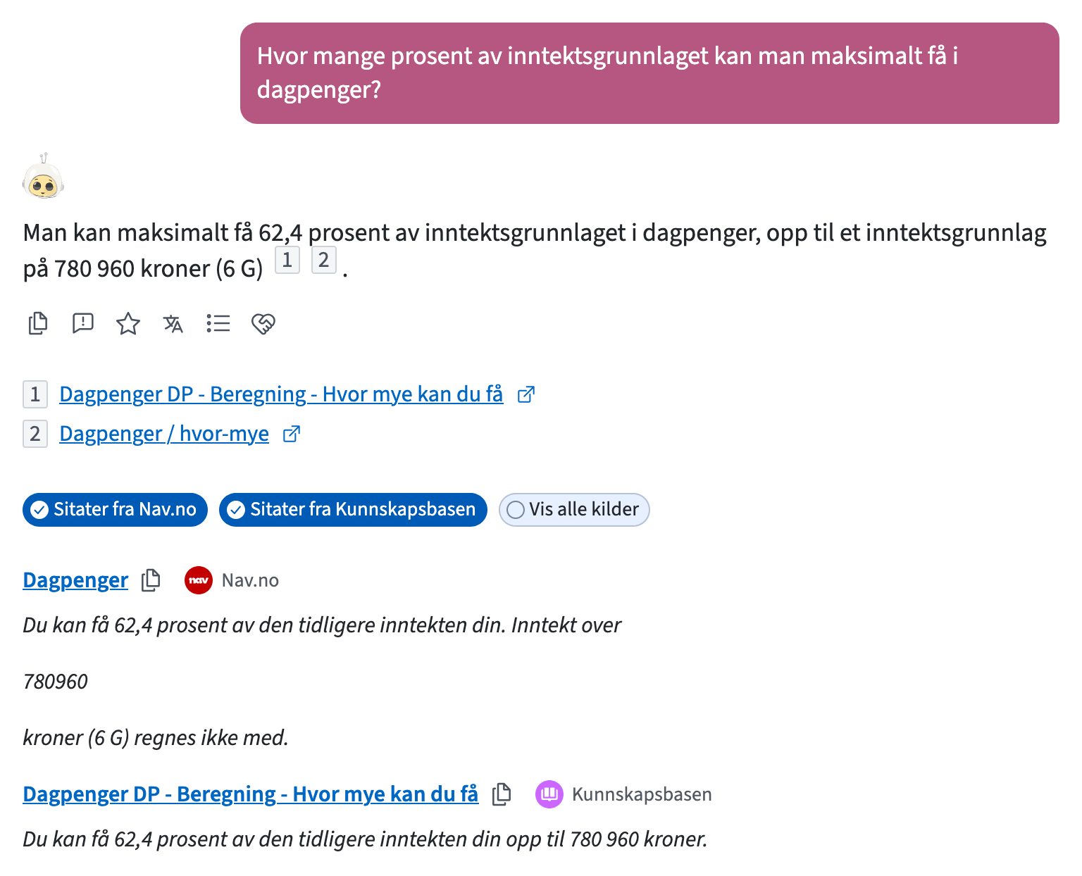 Skjermbildet fra Bob som illustrerer hvor stor plass kildene til et svar får. Hensikten er at veileder raskt skal kunne verifisere svaret og da er kildene det første de ønsker å se.
