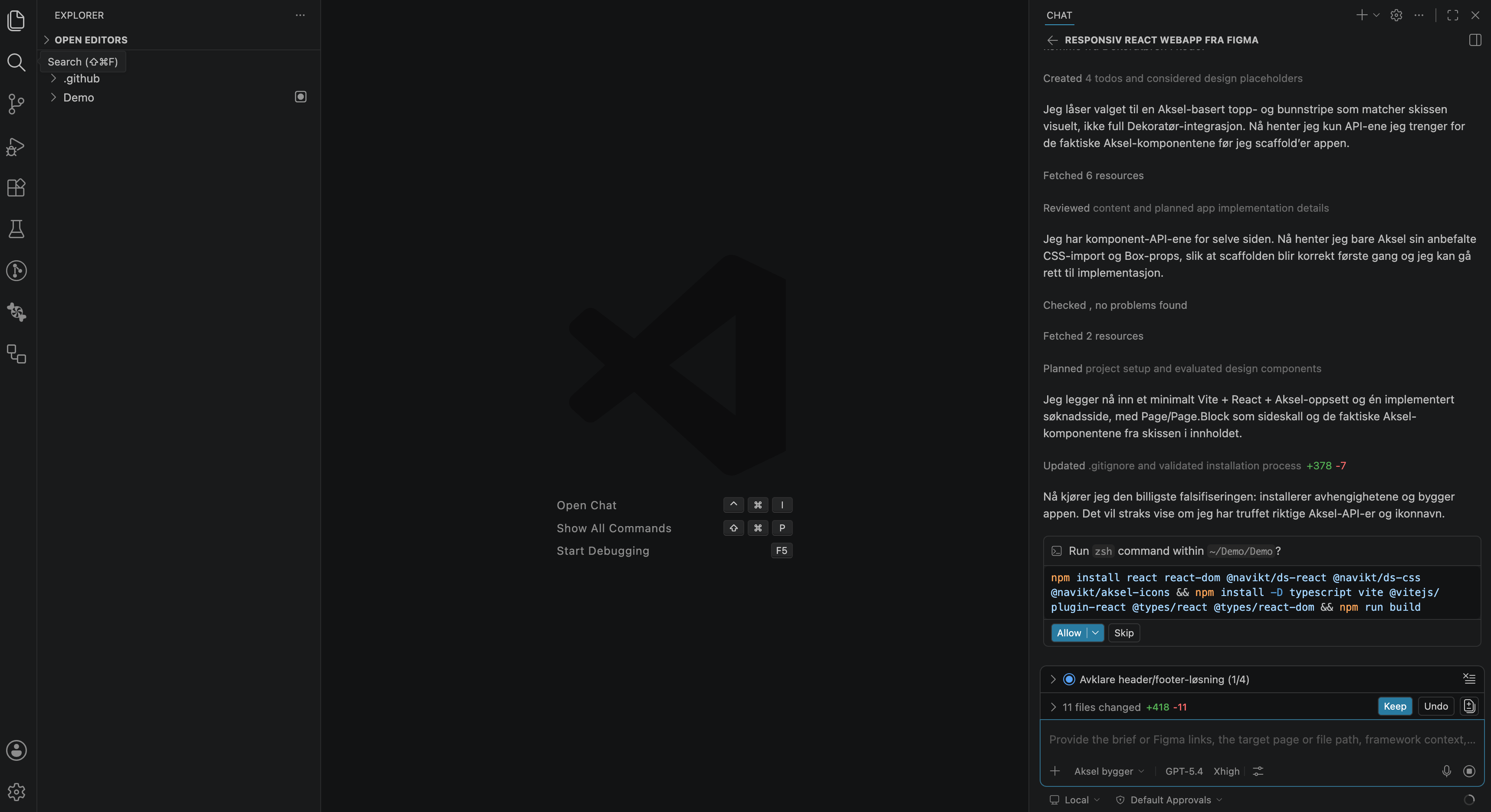 Bilde av en agent i VSCode som ber om tillatelser