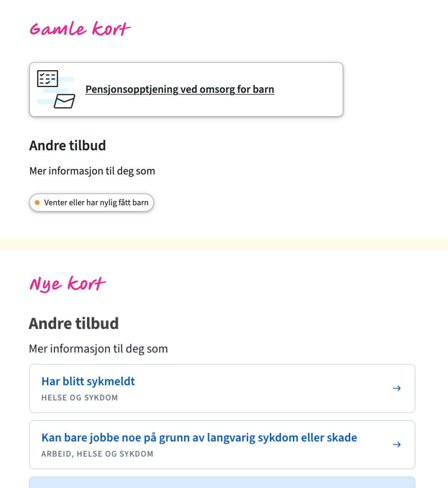 Skjermbilde av gamle og nye lenkekort
