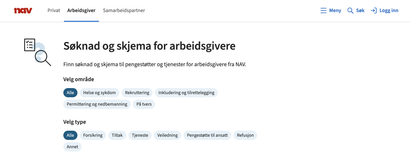 Den nye oversikten har tydelige innganger per målgruppe, her vises eksempelet arbeidsgiver.