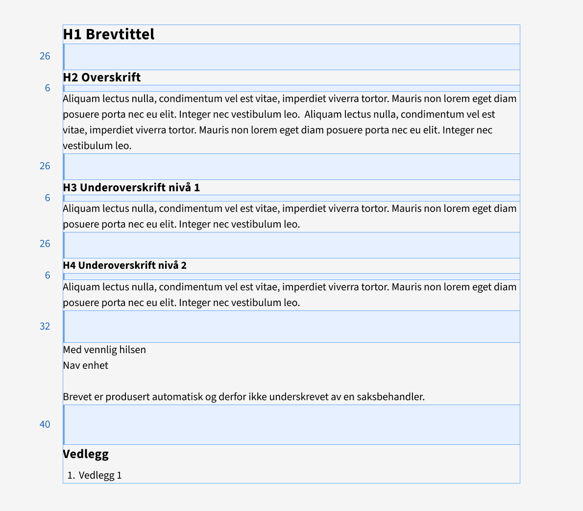 Bilde som viser faste vertikale avstander mellom tekstelementene.