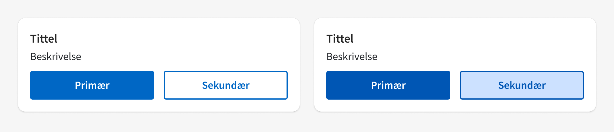 To like kort som inneholder tittel, beskrivelse og to knapper. Den ene er en primær-knapp (blå fyllfarge og hvit skrift), mens den andre sekundær (ingen fyllfarge. Blå ramme og blå tekst). I kort 2 har primærknappen fått en kraftigere blåfarge, mens sekundærknappen har fått en lyseblå fyllfarge.
