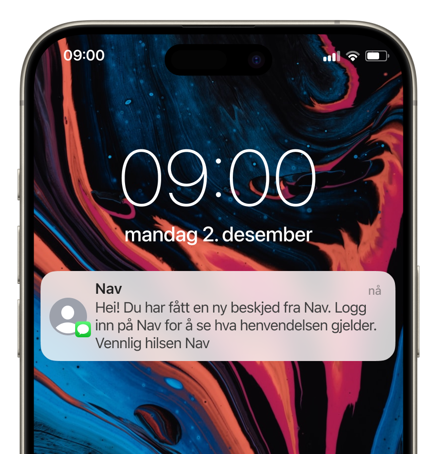 SMS fra NAV med tekst: TEST Hei! Du har fått en ny beskjed fra Nav. Logg inn på Nav for å se hva beskjeden gjelder. Vennlig hilsen Nav