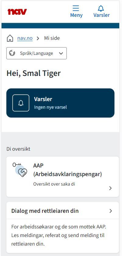Min side vises på en liten mobilskjerm. Nynorsk tekst er valgt. Overskriften er: Hei, Smal Tiger