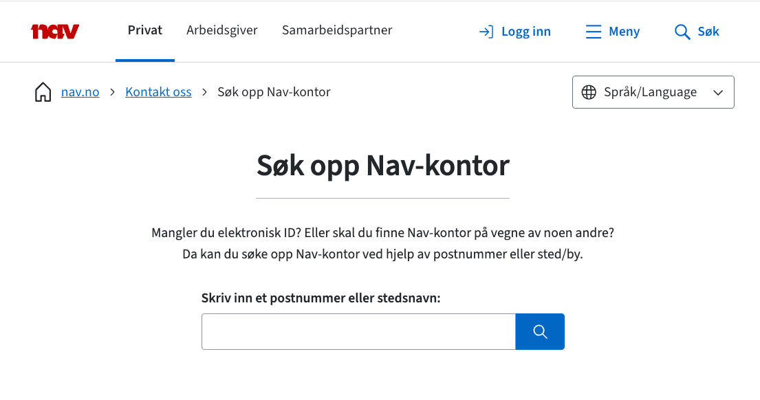 Skjermbilde av siden der man kan søke opp Nav-kontor basert på postnummer eller sted