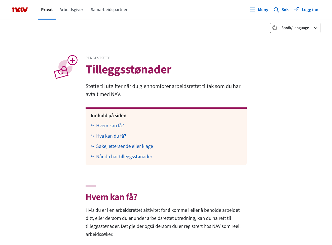 Eksempel på produktside: tilleggsstønader