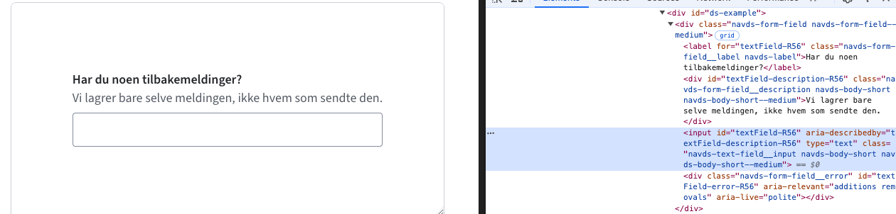 Inputfelt med ledetekst og description. Koden til elementet vises i tillegg.