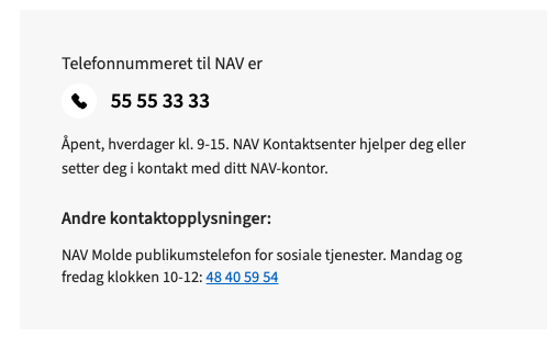 Felt for hovednummeret til NAV og kontorets eventuelle direktenummer