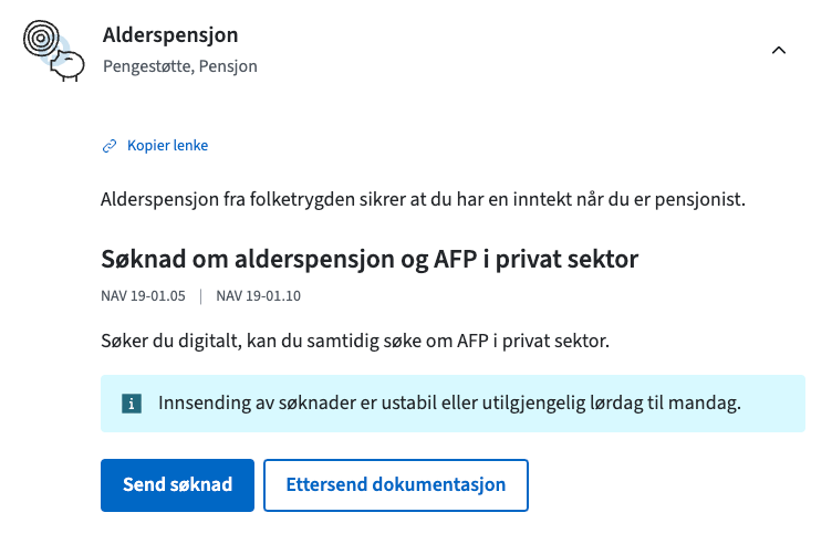 Informasjonstekst om at søknaden ikke kan brukes akkurat nå, rett over knapp til søknad