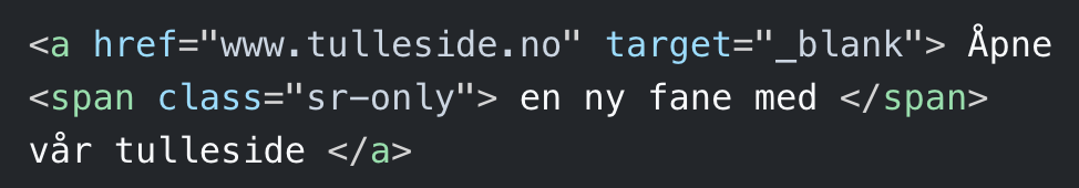 <a href="www.tulleside.no" target="_blank"> Åpne <span class="visually-hidden"> en ny fane med </span> vår tulleside </a>