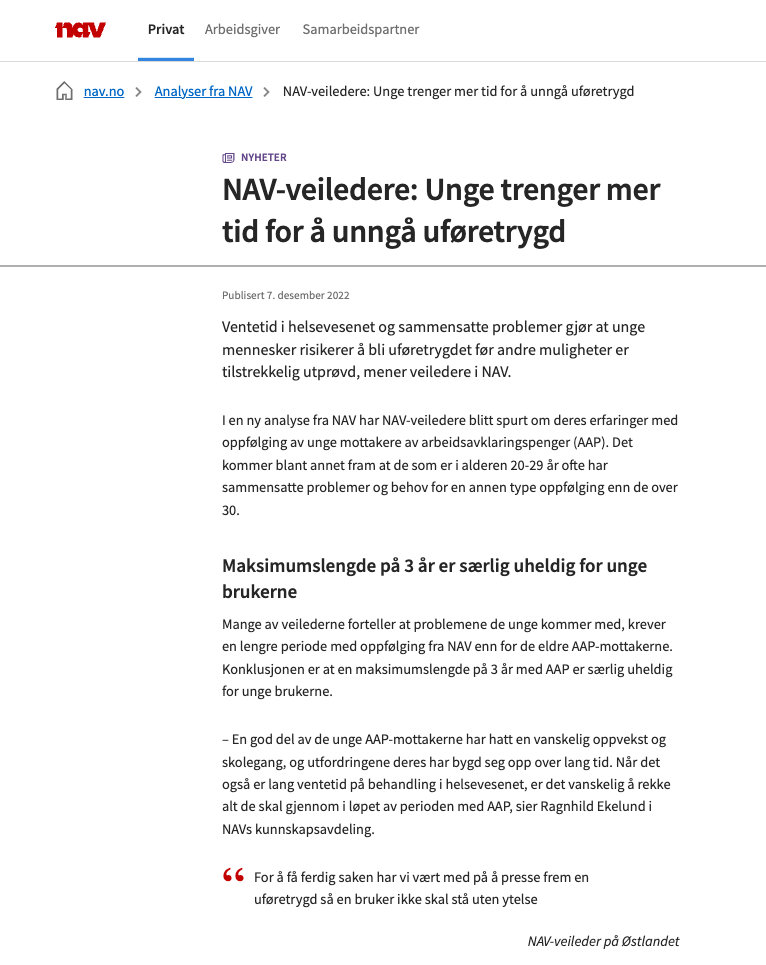 Bilde av eksempel på nyhetssak til journalister om en analyse om unge og uføretrygd