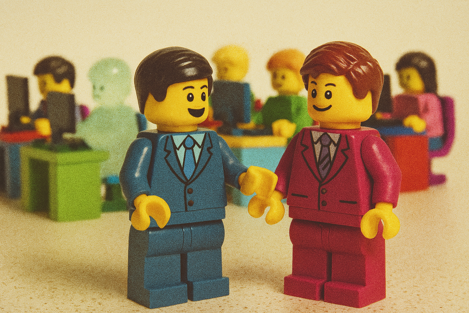 To LEGO-figurer i dress står i forgrunnen og smiler til hverandre. Den ene har blå dress, den andre mørkerød. De står i et fargerikt kontorlandskap der flere LEGO-figurer sitter ved skrivebord med dataskjermer i bakgrunnen. Blant dem er en gjennomsiktig, lyseblå figur som ser spøkelsesaktig ut – denne personen er delvis usynlig og skiller seg ut fra de andre, som alle er i sterke farger og tydelige roller.