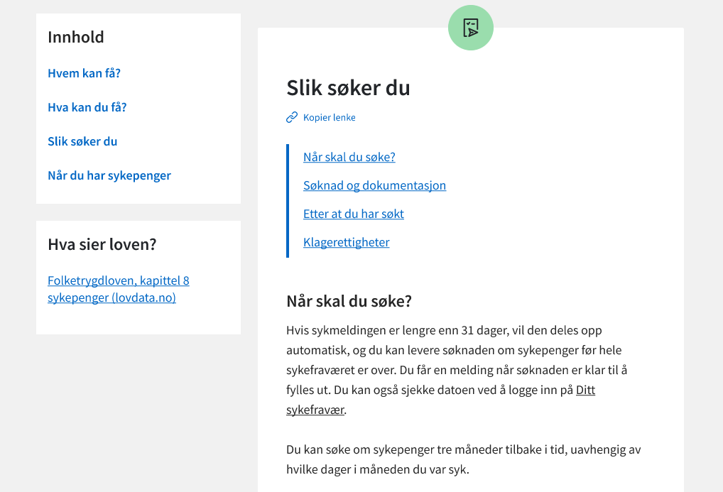 Skjermbilde av ny mal med innholdsmeny til venstre for hovedkapitlene, og oversikt over underkapitler i innholdsspalten til høyre
