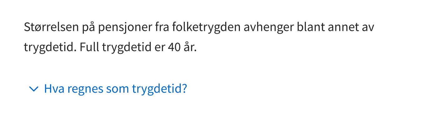 Read more-komponenten med tekst "Hva regnes som trygdetid?"
