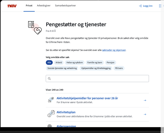 Ny desktopversjon av oversikten Pengestøtter og tjenester