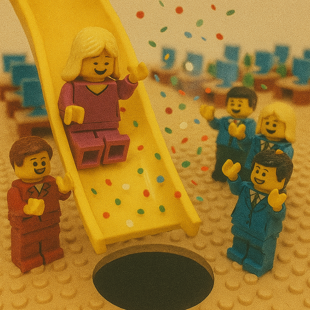 En kvinnelig LEGO-figur med blondt hår og rosa dress sklir ned en gul sklie, omgitt av fargerik konfetti. Rundt sklien står fem LEGO-figurer og klapper og jubler. I bunnen av sklien er det et mørkt, rundt hull i bakken som ser ut som en felle. Figuren som sklir ser glad ut, uvitende om hullet under. Scenen utspiller seg i et kontormiljø med skrivebord og blå kontorstoler i bakgrunnen.