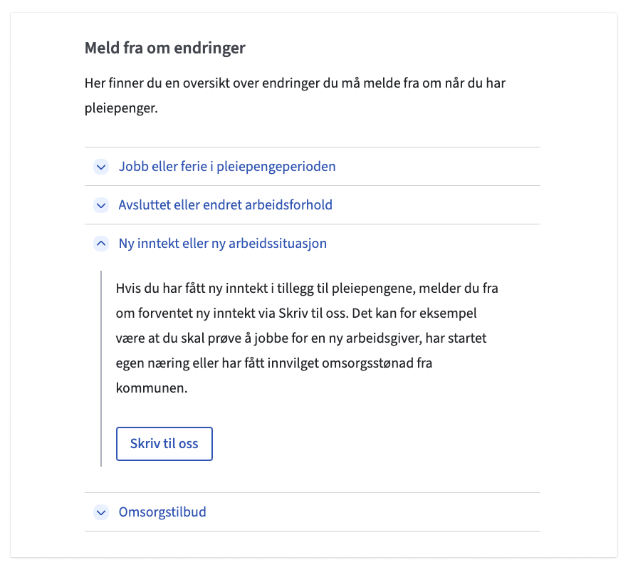 Eksempel på endring om nye inntekt eller ny arbeidssituasjon, som meldes via Skriv til oss
