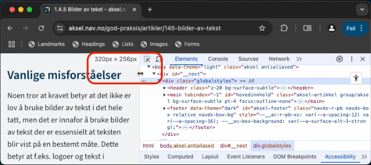 Side i Chrome med åpnet DevTools der man ser størrelsen på viewporten