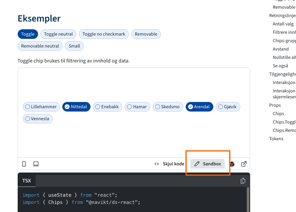 Skjermbilde av komponent dokumentasjonsside med rød rektangel rundt Sandbox lenke