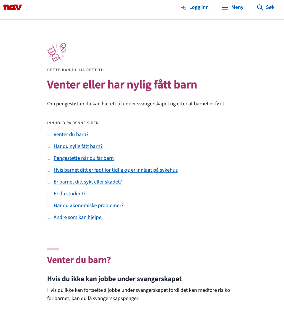 Eksempel situasjonsside: Venter eller har nylig fått barn