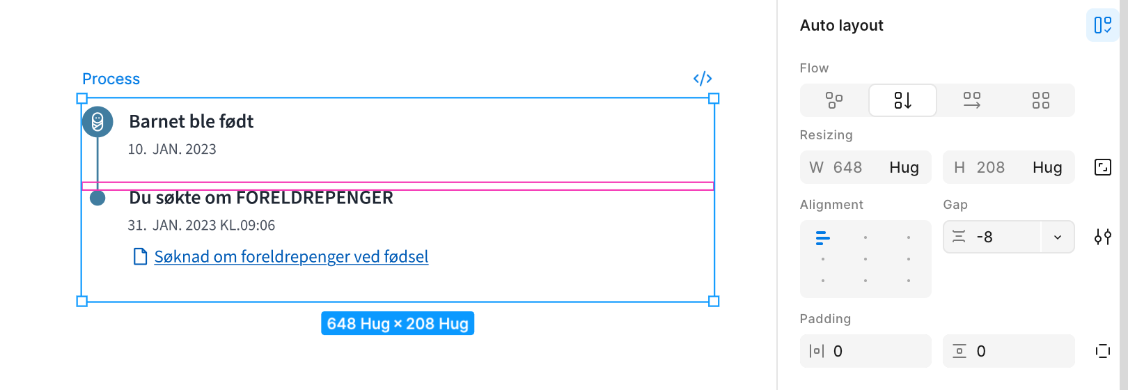Skjermbilde fra Figma som viser instillingene til Auto layout, med Gap satt til -8.