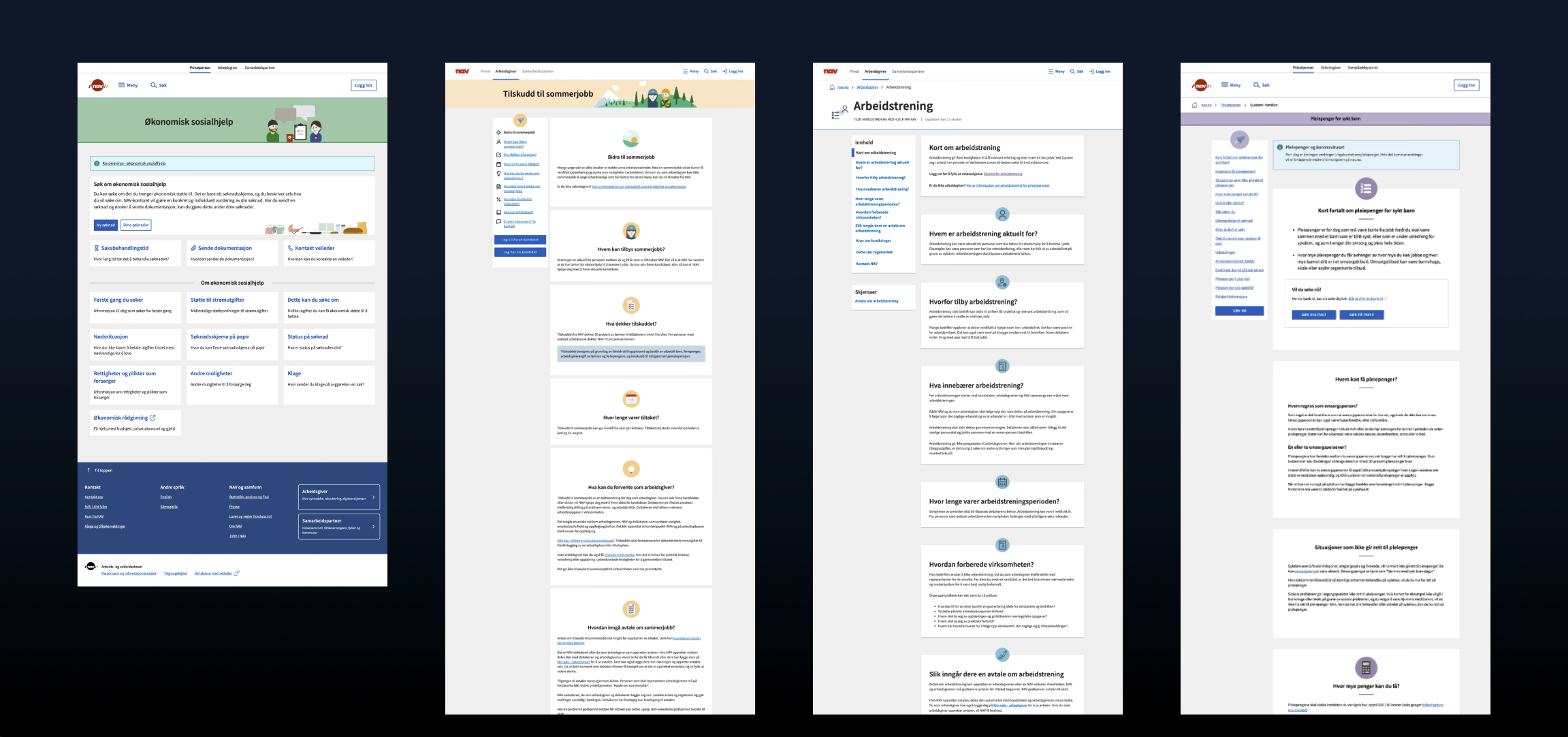 4 veldig ulike løsninger som viser informasjon om Navs tilbud.