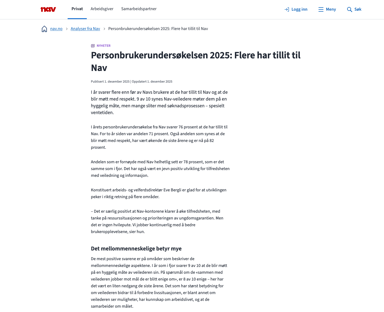 Bilde av eksempel på nyhetssak til journalister om en analyse om personbrukerundersøkelsen 2025