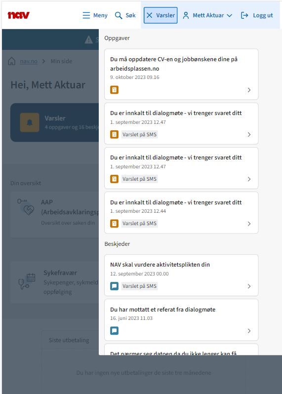 Min side med varselbjella i toppmenyen ekspandert og utdrag av varsler vises i en liste