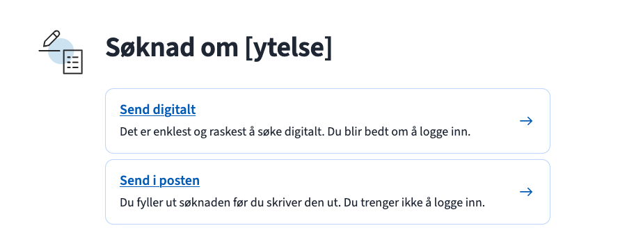 Nettside med to innsendingsvalg, enten sende digitalt eller sende i posten.