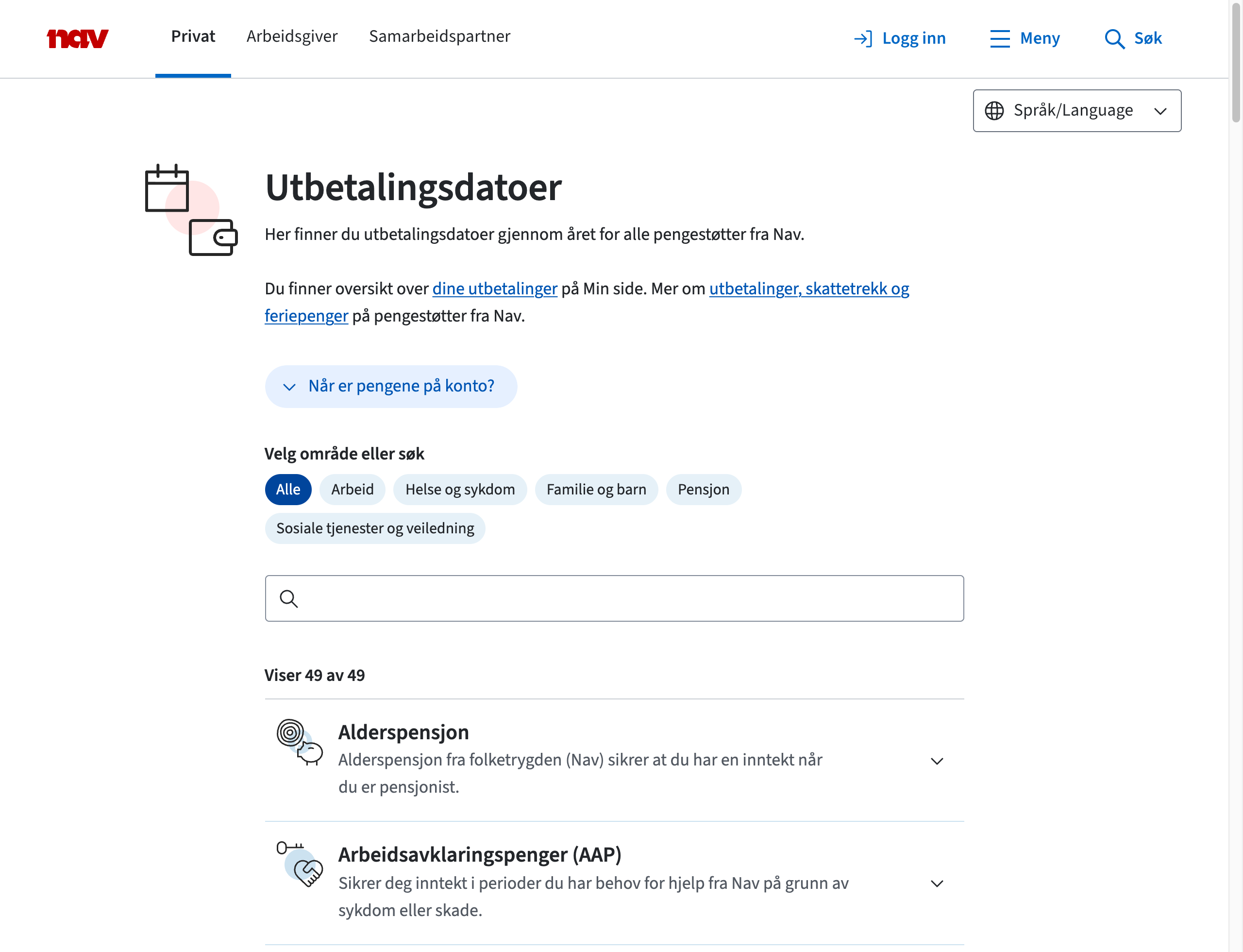 Eksempel på oversiktsside: utbetalingsdatoer