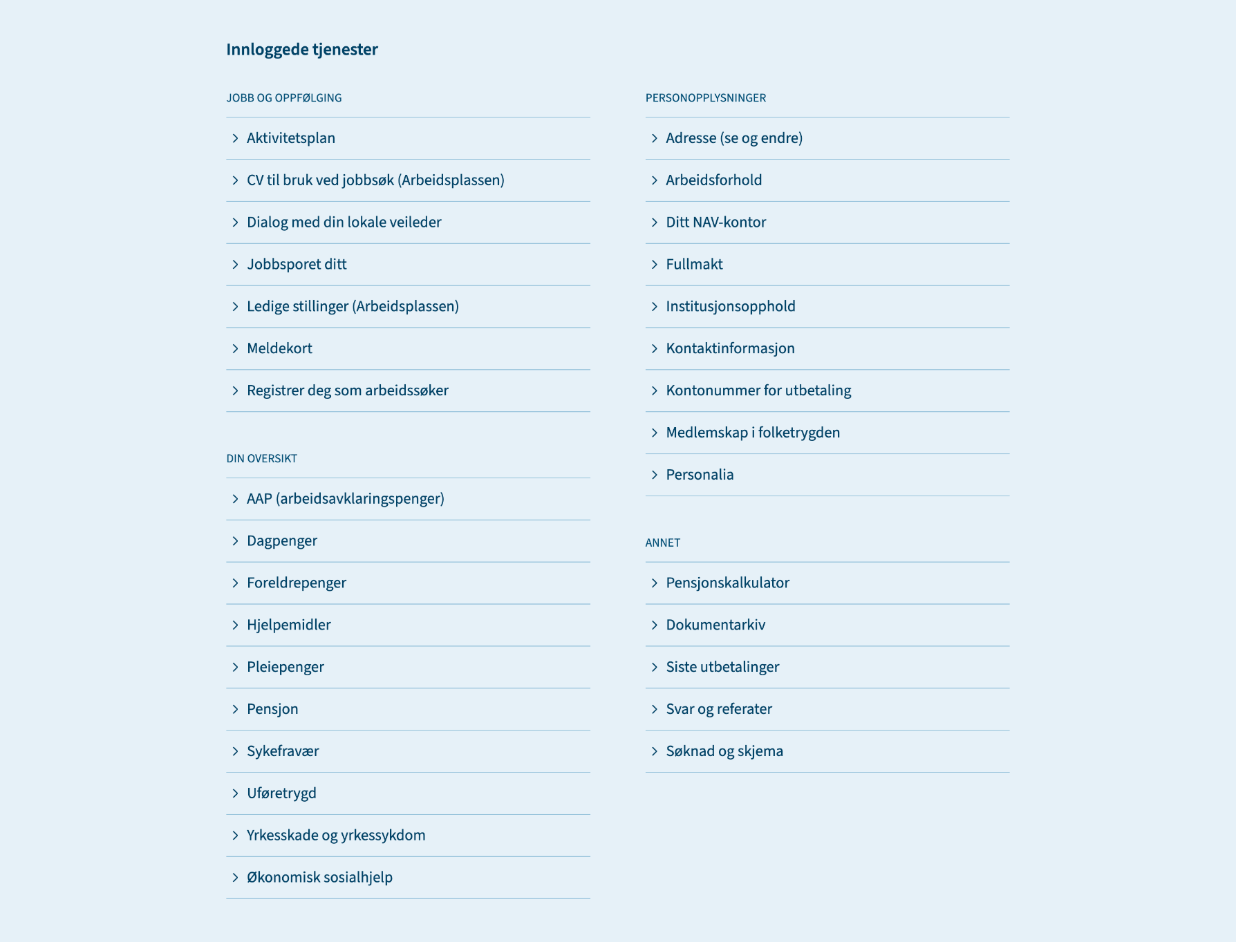 Skjermbilde av «Innloggede tjenester» som ligger nederst på Min side. Lenkeliste i to kolonner gruppert i fire grupper.