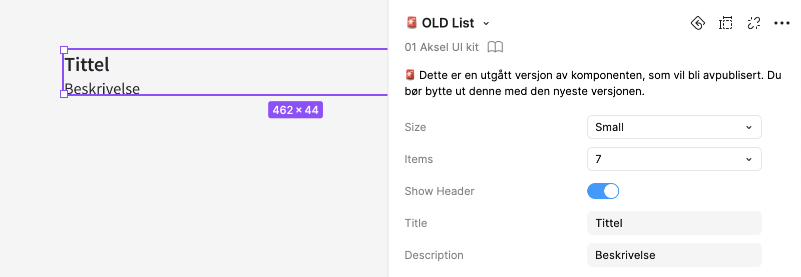 Visning av OLD component i Design-panelet i Figma.