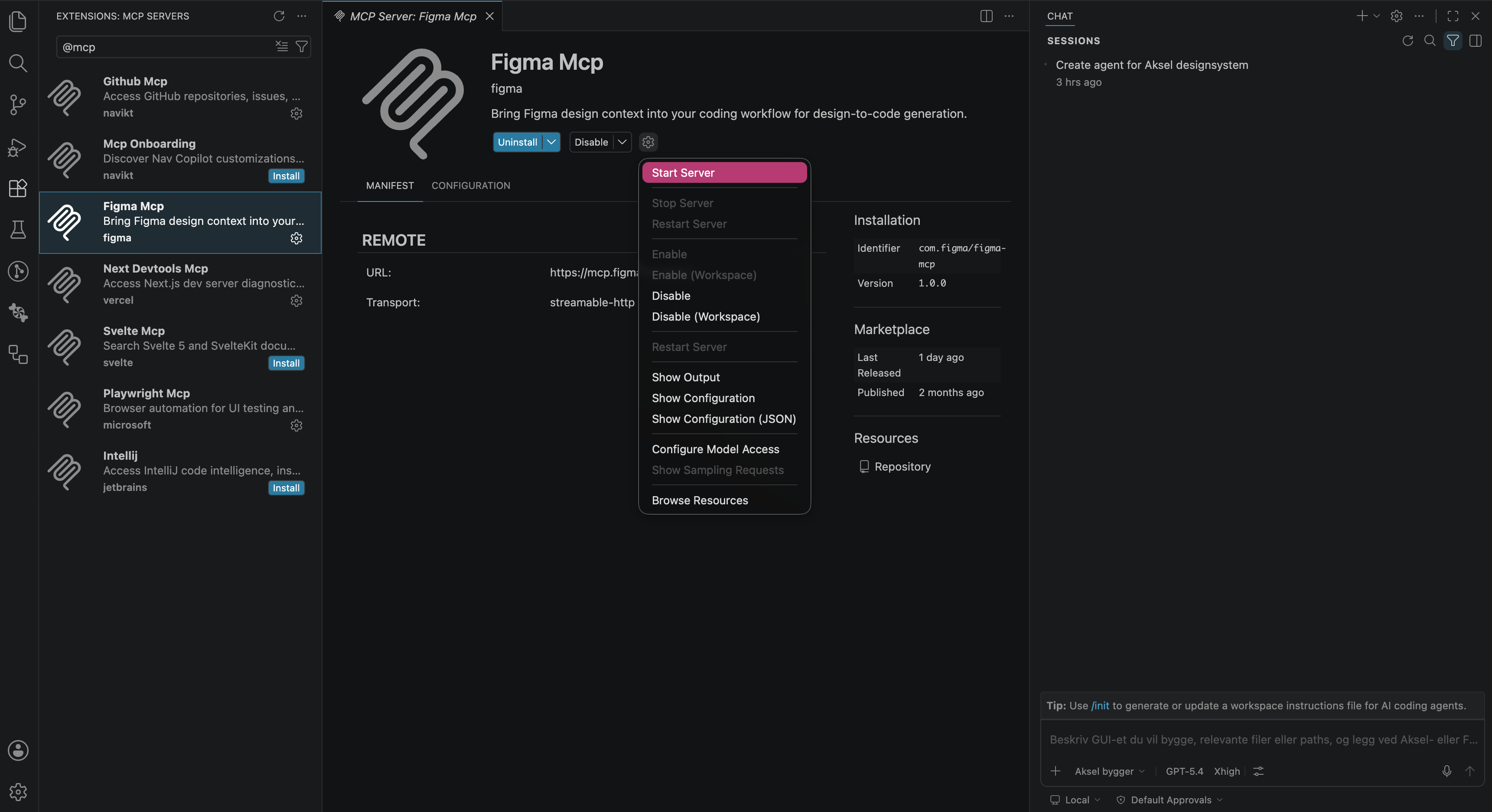 Bilde av Figma MCP-server i VSCode