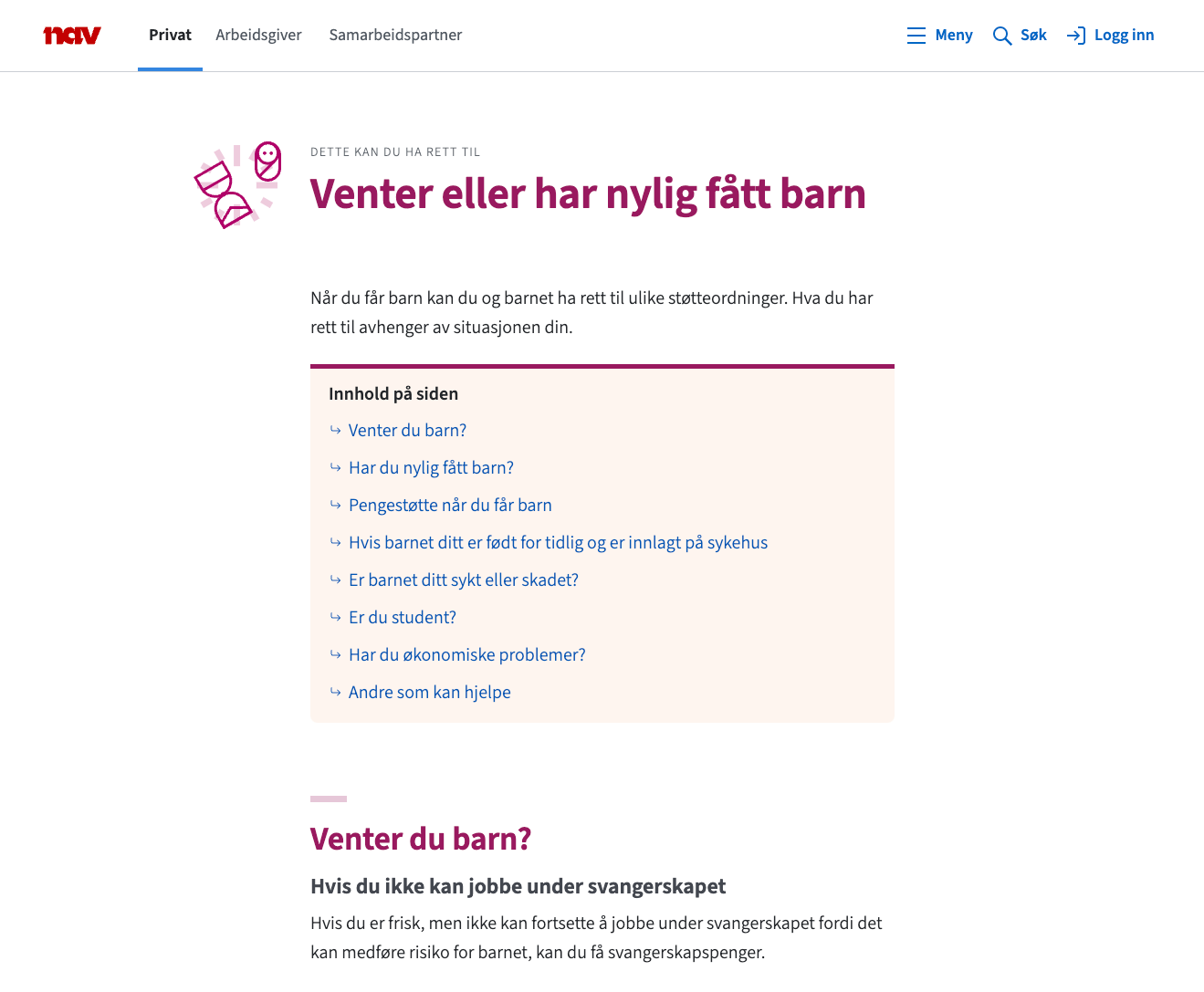 Eksempel situasjonsside: Venter eller har nylig fått barn