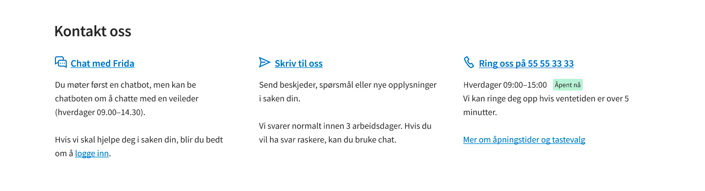 Skjembilde av kontaktmodul med tre kanaler: chat, skriv til oss og telefon