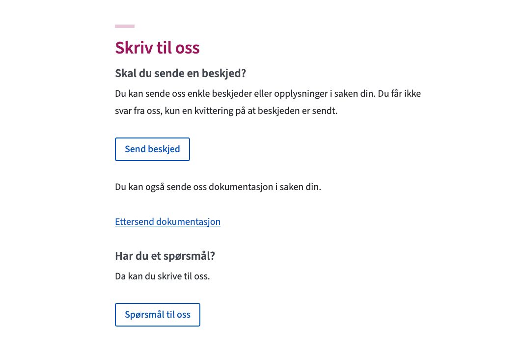 Kontakt oss-siden med inngang til både «Send beskjed» og «Spørsmål til oss»